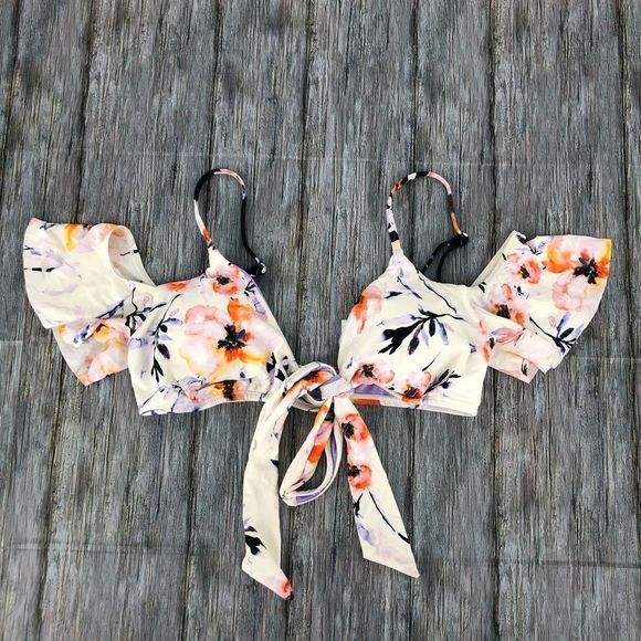 The Bikini Lab Watercolor Floral Ruffle Wrap Bikini Swim Top NWT size Medium - Picture 3 of 15